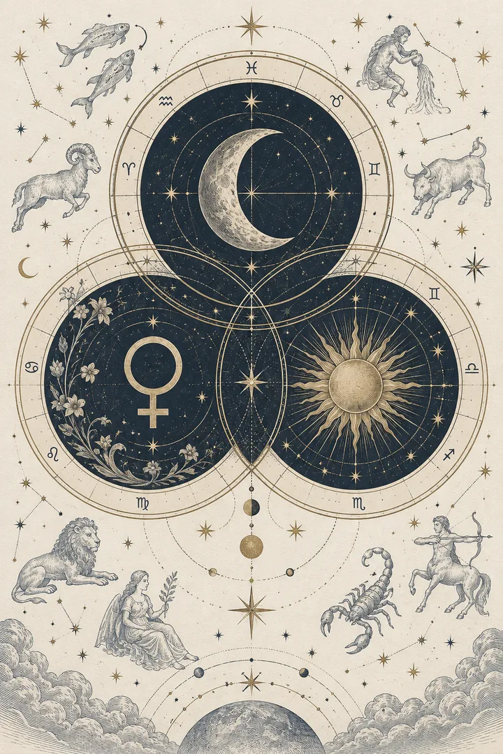 Illustrative celestial atlas with Moon, Venus, and Sun motifs