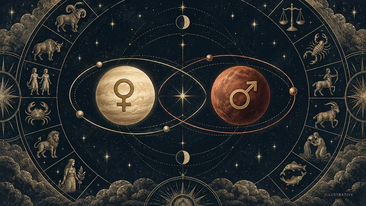 Editorial illustration accompanying: What does accidental dignity add to a Venus or Mars synastry reading?
