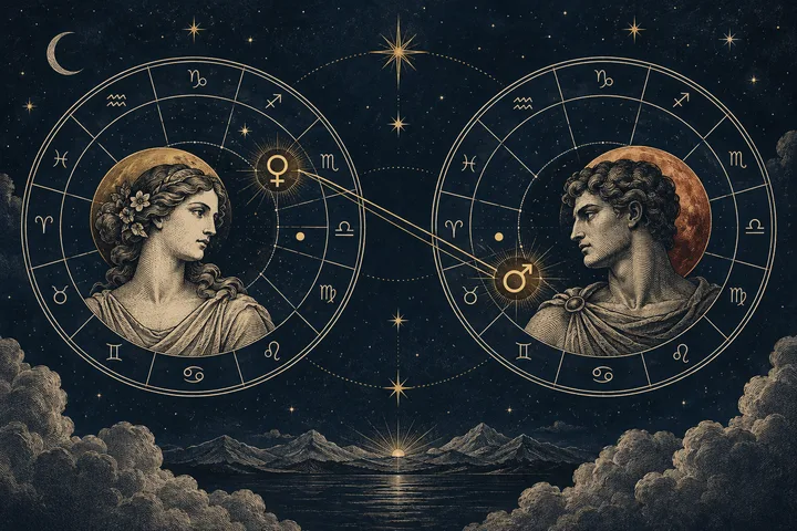 Editorial illustration accompanying: What does accidental dignity add to a Venus or Mars synastry reading?