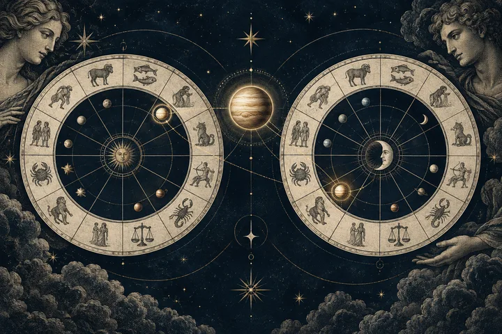 Engraved-style illustrative chart artwork showing two large circular star charts with zodiac symbols and a glowing planet between them.