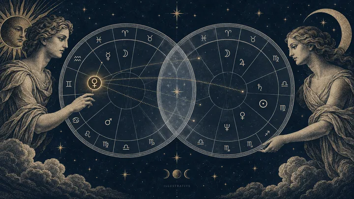 Engraved-style illustrative chart artwork of two overlapping zodiac wheels with one shared-sign band and separate degree markings.