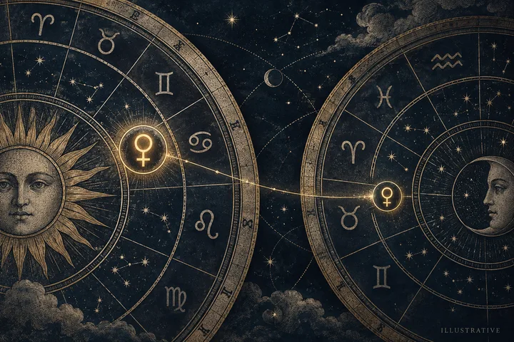 Engraved-style illustrative chart artwork showing a planet entering a house wheel beside a faint secondary aspect line.