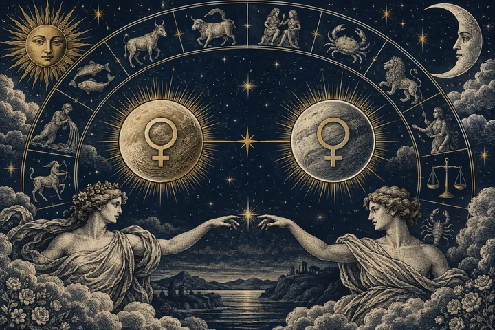 An engraved zodiac wheel frames two glowing Venus symbols, with two robed figures reaching toward a star beneath a sun and crescent moon.