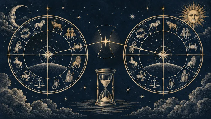Illustrative engraved scene of two zodiac wheels over a midnight sea, with opposite angle points linked by fine brass lines to show a synastry contact whose exact degree is being tested.