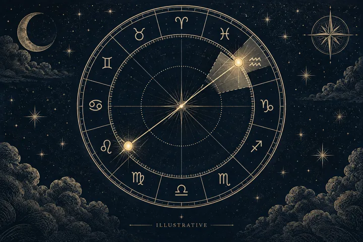 Illustrative synastry wheel with ASC marked on the horizon axis, two profile figures at the sides, and a diagonal brass line shown across middle, early, and late positions to represent the sensitivity check.