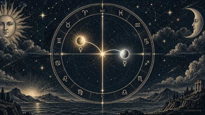 Illustrated zodiac wheel marked ASC, DSC, MC and IC, with Venus and Mercury symbols inside