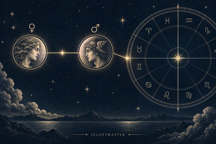 Venus and Mars symbols above two engraved profiles, linked to each other beside a zodiac wheel