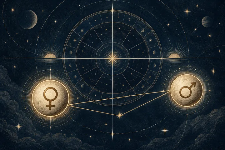 Illustrated zodiac wheel with Venus and Mars symbols connected by gold lines to a central star