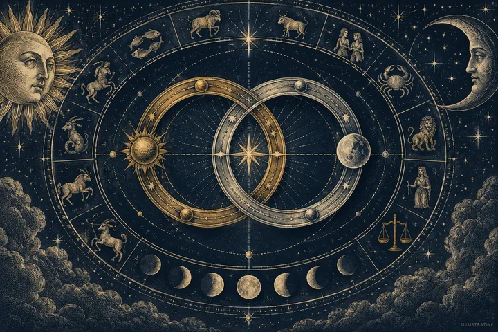 An engraved celestial chart shows two overlapping rings, a sun and moon, zodiac figures, stars, and moon phases against a dark blue sky.