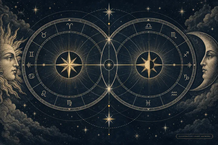 Editorial illustration accompanying: What does the Anti-Vertex add when a synastry reading already includes the Vertex?