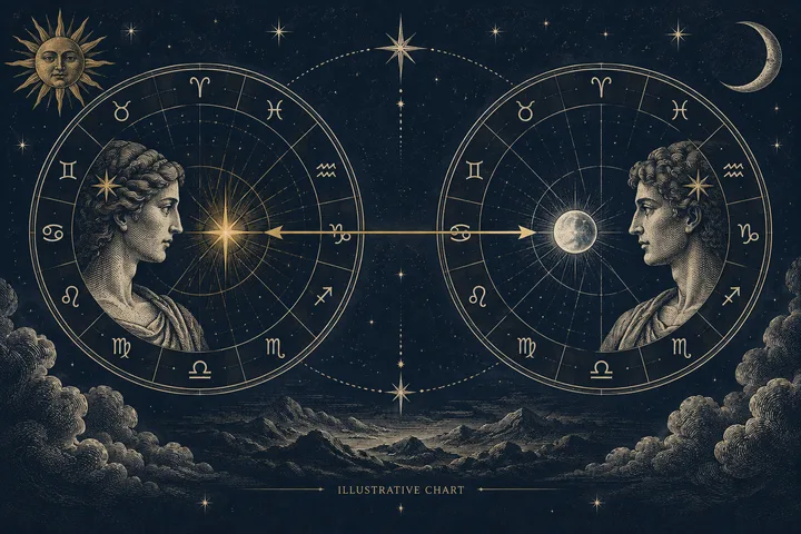 Editorial illustration accompanying: What does the Anti-Vertex add when a synastry reading already includes the Vertex?