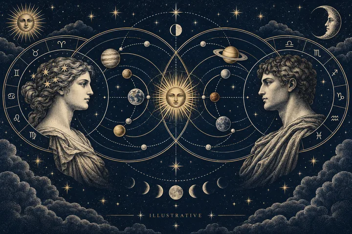 Engraved illustration of two classical profile busts facing each other across overlapping zodiac circles, with the Sun, Moon, planets, stars, and lunar phases on a dark blue background.