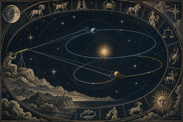 Engraved illustration of a telescope observer beside two looping planetary paths around the Sun, with planets and zodiac figures around the border.