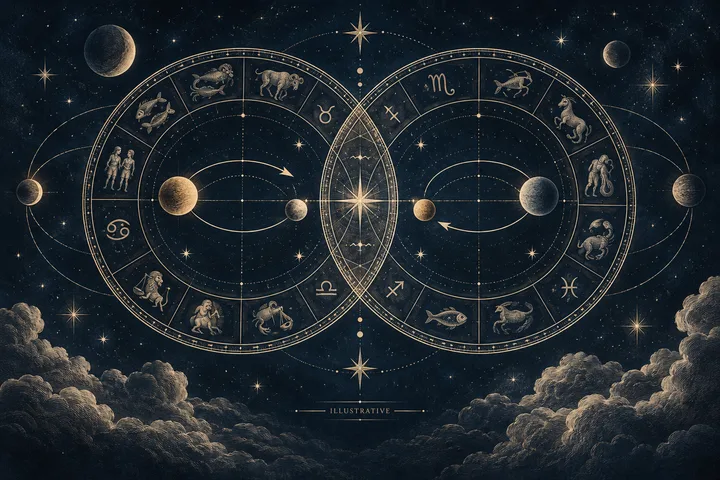 Engraved brass zodiac wheel with two orbit lines converging on a marked aspect point against midnight blue.