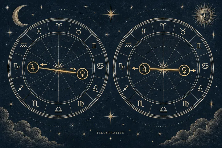 Two ivory planetary glyphs approach a narrow brass degree marker on separate arcs.