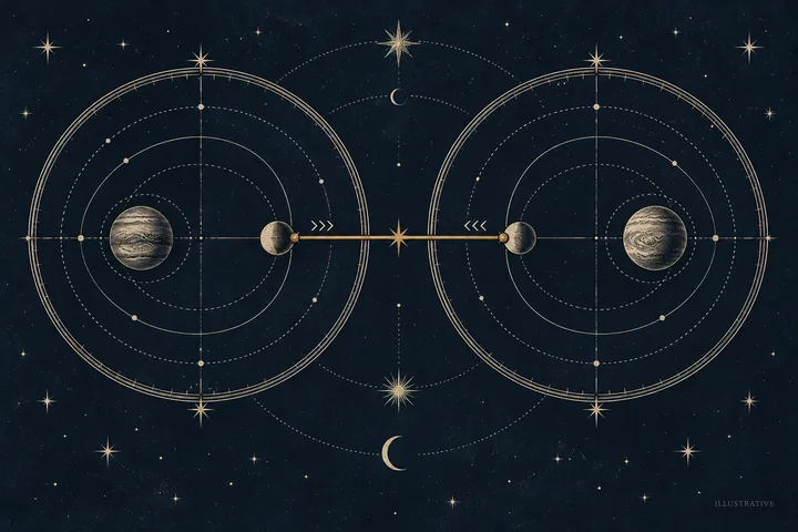 Brass degree marks and paired planetary glyphs cross a midnight-blue synastry grid beside an open notebook.