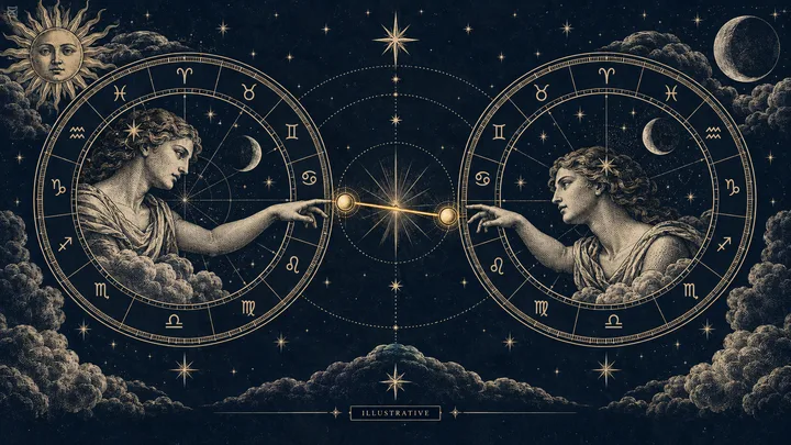 Engraved zodiac wheel with two linked chart circles, showing applying and separating planetary motion in a synastry and horary comparison.