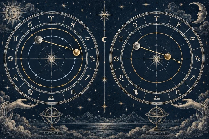 Illustrative brass aspect lines crossing two midnight-blue natal chart circles, contrasting a tightening synastry contact with a horary application.