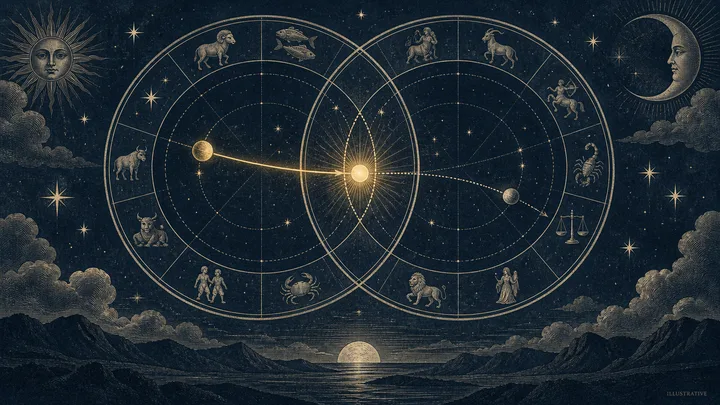 Illustrative twin zodiac wheels overlap above a moonlit landscape, with a bright planetary line approaching the center of the synastry comparison.