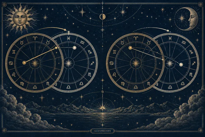 Illustrative paired zodiac wheels show two directional arrows and planetary contacts moving toward and away from exact alignment.