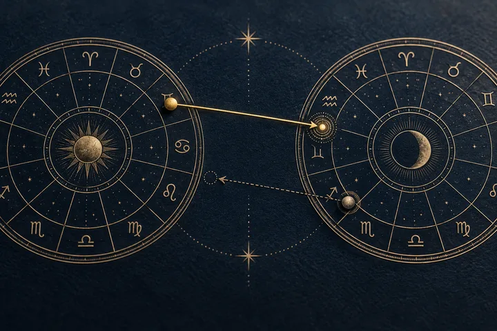 Illustrative close-up of two zodiac wheels linked by a solid golden aspect line and a dotted return path between planetary points.