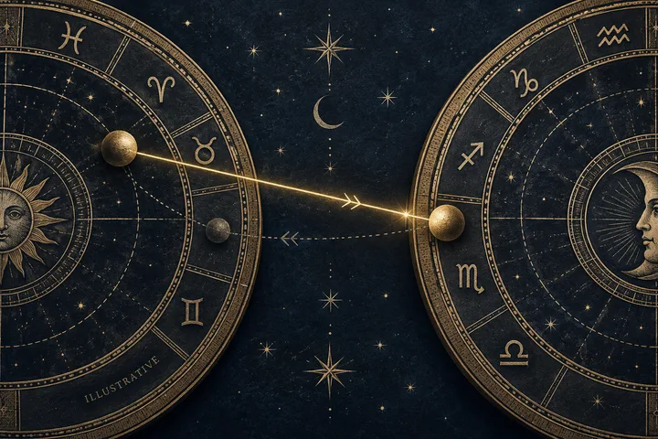 Illustrative close-up of opposing zodiac wheels with a golden applying arrow and a dotted separating arrow between chart points.