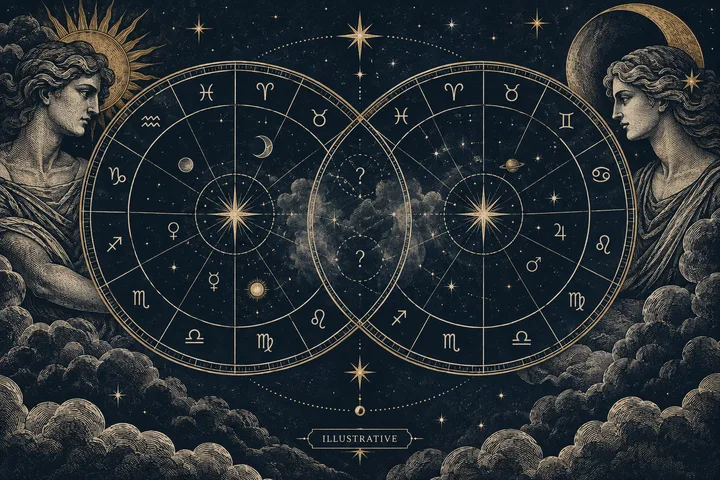 Two overlapping circular star charts with zodiac symbols, question marks in the shared center, clouds below, and classical sun- and moon-themed figures at the sides.