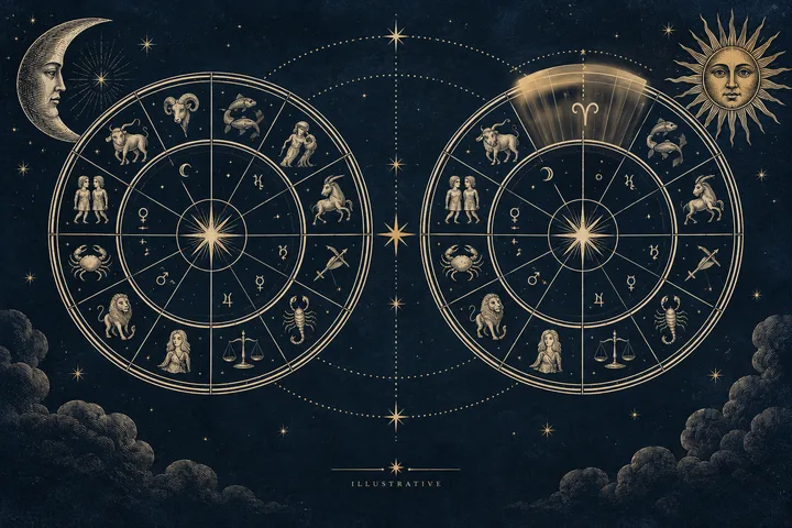 Two circular zodiac wheels with animal and human figures, planetary symbols, a crescent moon on the left, a sun face on the right, and a highlighted section above the right wheel.
