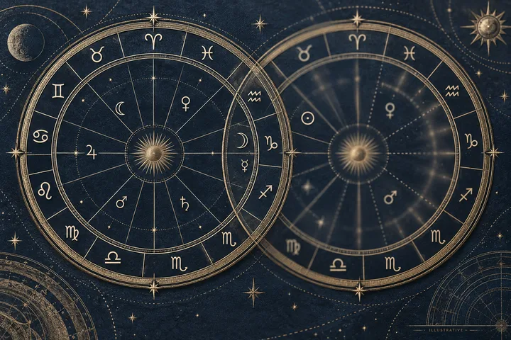 Two overlapping circular star charts with zodiac symbols and planetary glyphs; the left chart is sharp while the right chart is softly blurred.