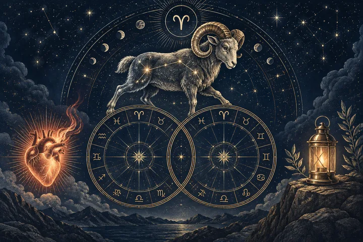 Engraved Aries ram above two illustrative synastry wheels, with a glowing heart and a steady brass lantern against a midnight-blue star field.