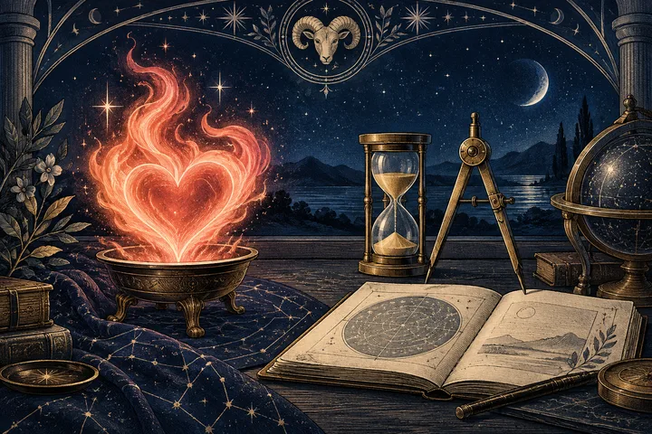 Engraved still life contrasting a bright heart-shaped flame with an hourglass, brass compass, and observation journal beneath an Aries emblem.