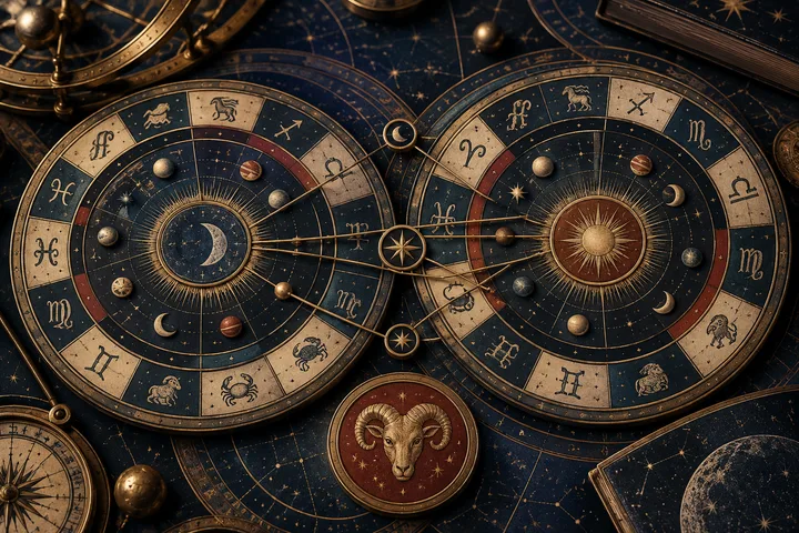 Close-up engraved illustration of two separate zodiac chart discs connected by brass lines, layered rings, planets, and an Aries ram seal.