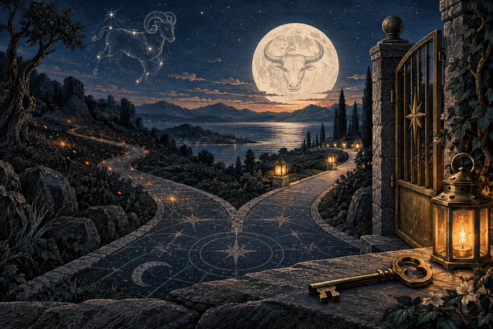 Engraved midnight-blue landscape with a forked star-map path, lanterns, an open brass gate, key, Aries constellation, and Taurus full moon.