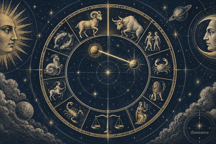 Illustrative zodiac wheel with a brass aspect line crossing from the final degree of one sign into the first degree of another.