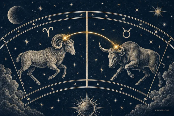 Illustrative brass aspect line crossing the Aries-Taurus boundary on a midnight-blue zodiac wheel, with both neighboring signs marked.