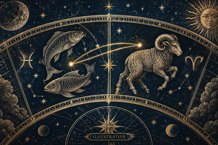 Illustrative Pisces and Aries panels joined by curved brass aspect lines across their sign boundary, shown as a symbolic chart detail.