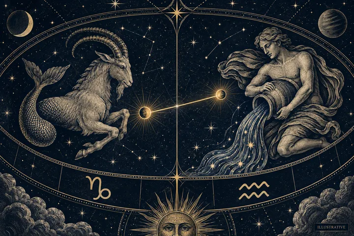 Illustrative Capricorn and Aquarius panels with a goat and water-bearer figure linked by a brass aspect line across the boundary.