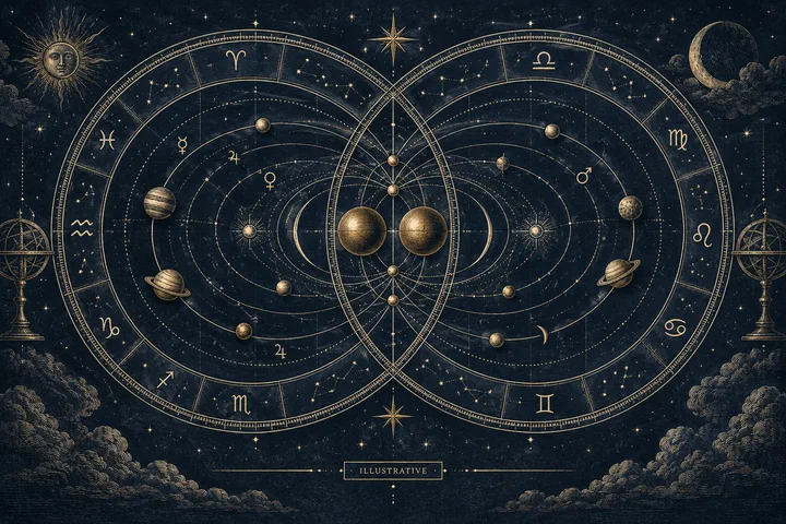 Two overlapping gold circular star charts with zodiac symbols and planets on a dark, starry background; the word “Illustrative” appears below.