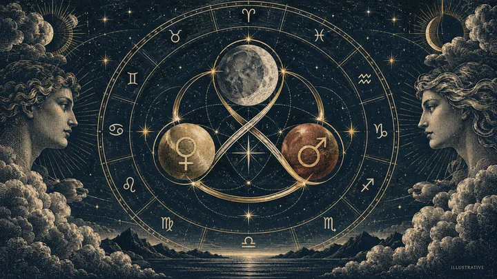 Illustrative synastry diagram showing Moon, Venus, and Mars pathways converging on one shared relationship theme.