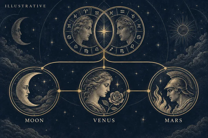 Illustrative synastry diagram with labeled Moon, Venus, and Mars symbols connected toward one shared central point.