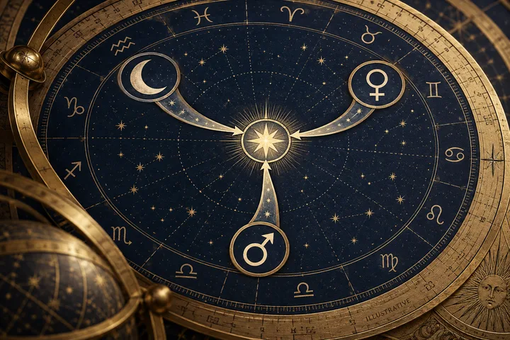 Illustrative zodiac-wheel detail with Moon, Venus, and Mars symbols sending arrows toward a shared central star.