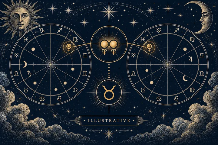 Illustrative midnight-blue engraving of two zodiac wheels joined by a bright central planetary conjunction, with Sun and Moon faces at the edges