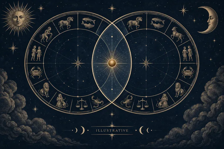 Illustrative pair of engraved zodiac wheels connected by a glowing line and arrow toward an Aries emblem