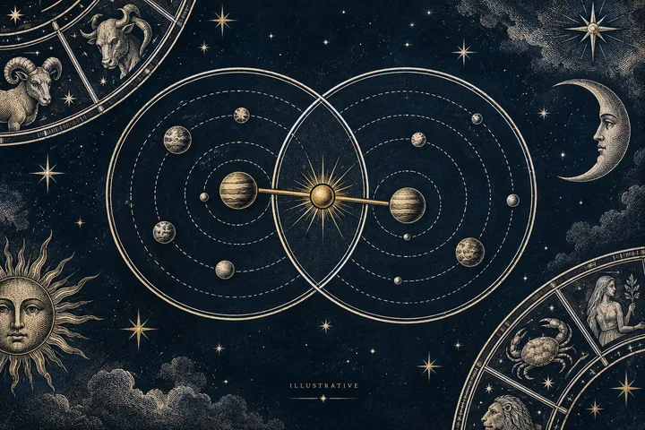 Illustrative overlapping zodiac wheels with a brass chain linking two central planetary spheres against a starry blue background