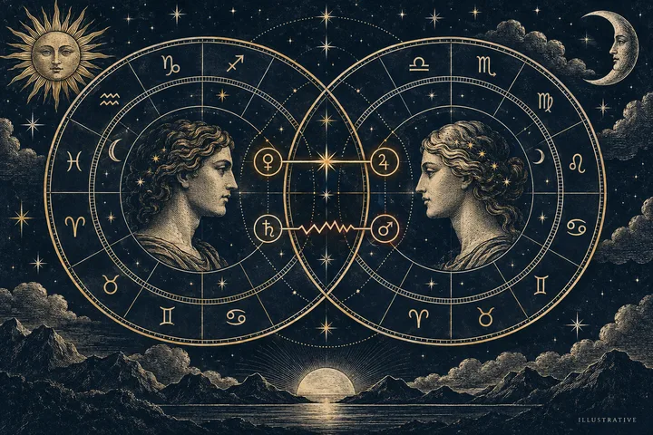 Editorial illustration accompanying: What does a balanced synastry reading do with one clear strength and one clear strain?