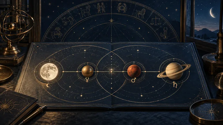 Illustrative synastry diagram showing Moon, Venus, Mars, and Saturn in a clear reading sequence on an engraved midnight-blue chart.