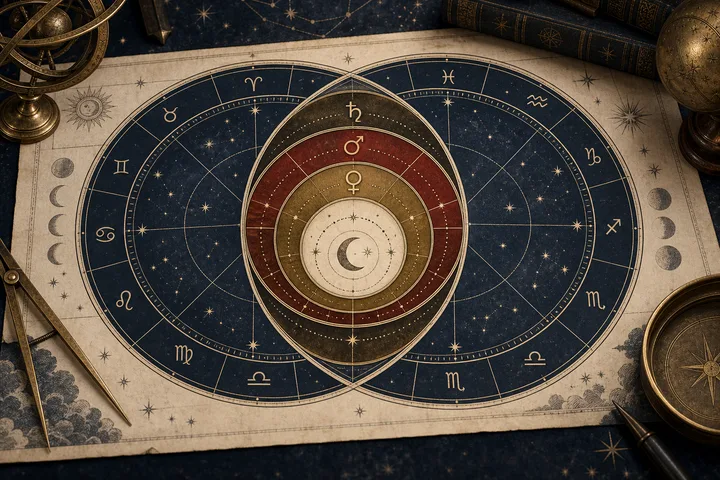 Illustrative layered synastry chart with Moon, Venus, Mars, and Saturn motifs arranged as concentric emotional, expressive, and structural layers.