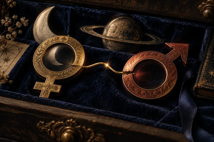 Illustrative brass Venus and oxblood Mars emblems connected by a small spark, with Moon and Saturn motifs in the background.