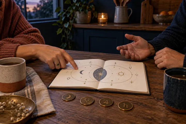 Two people calmly discussing an illustrative synastry chart at a warm kitchen table, with planetary tokens nearby.