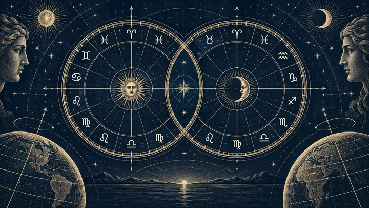 Two overlapping brass zodiac wheels float above a dark sea, with celestial figures, stars, and globes framing the comparison.